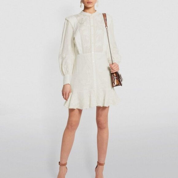 VERONICA BEARD Analeah Dress Embroidered Minidress Puff Sleeves Tassel Pom Pom - Picture 13 of 16